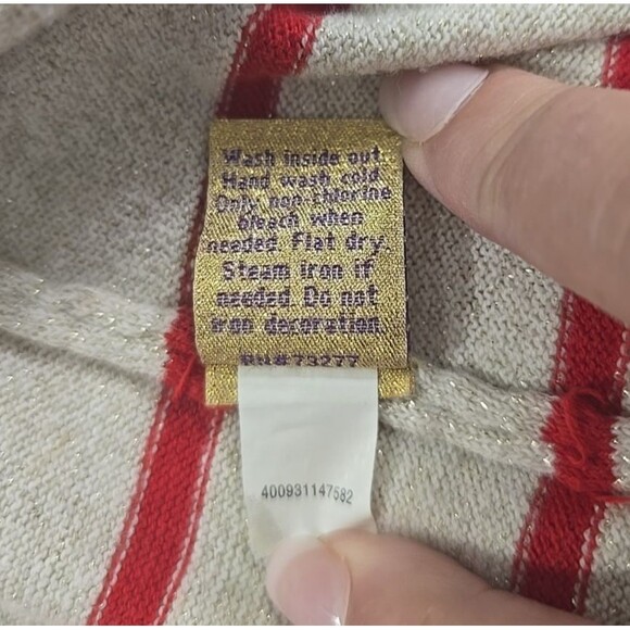 Y2K Princess Vera Wang Cream Red Sweater Womens XL  Stripe Sequin Holiday Bow - Picture 8 of 9